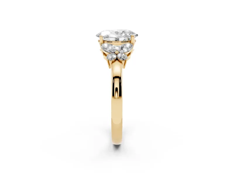 Oval Cut Diamond Solitaire Floral Ring Set in Yellow gold with Marquise Petals and Prong Setting