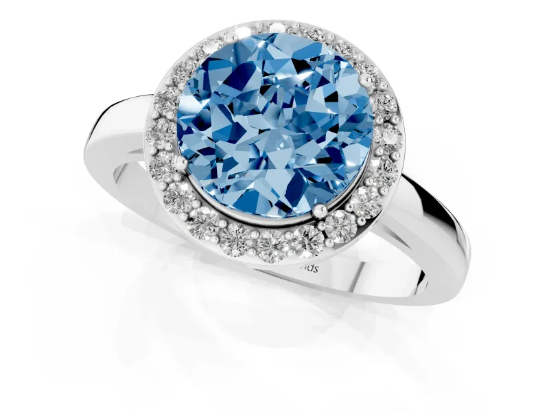 Fancy Blue Round Cut Diamond Halo Ring Set in Platinum with Solitaire Band and Prong Setting