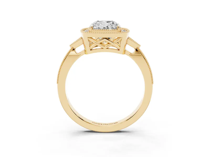 Cushion Cut Vintage Milgrain Halo Engagement Ring Setting | Graduated Pavé Band | Yellow Gold