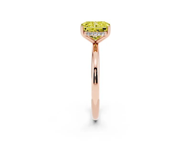 Fancy Yellow Radiant Cut Diamond Solitaire Engagement Ring Set in Rose gold with Prong Setting and Polished Band