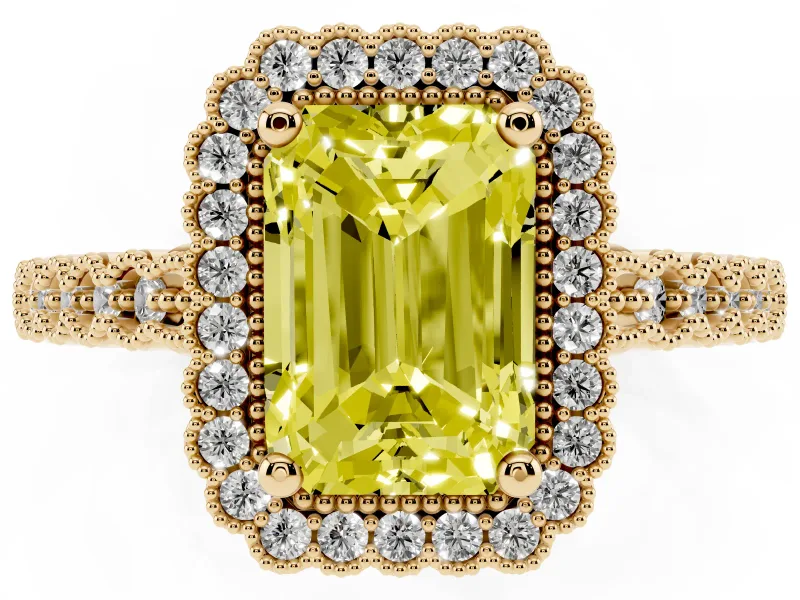 Radiant Cut Milgrain Halo Engagement Ring Setting for a Fancy Yellow Lab-Grown Diamond | Beaded Shoulders | Yellow Gold