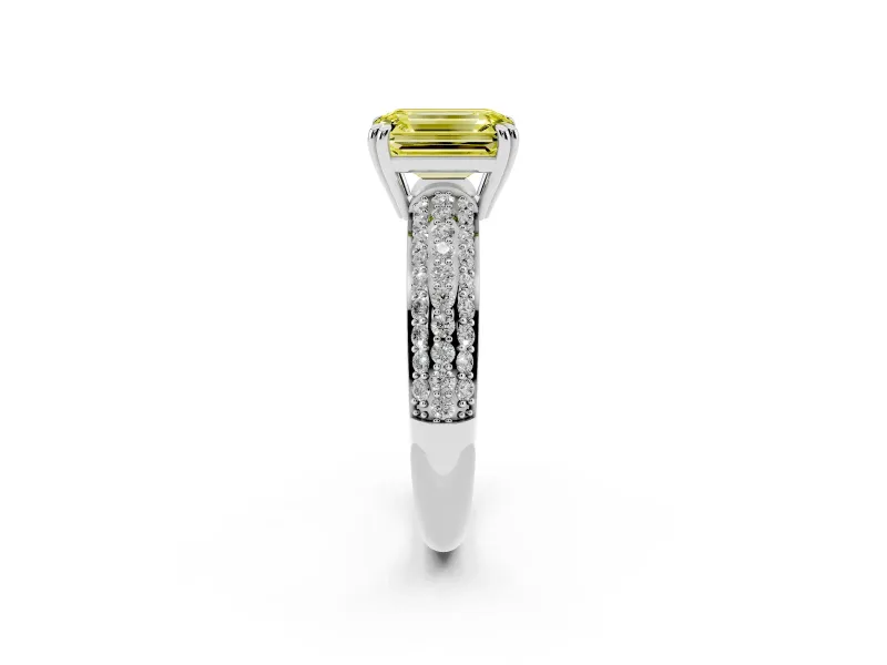 Emerald Cut Three Row Pave Engagement Ring Setting for a Fancy Yellow Lab-Grown Diamond | Platinum