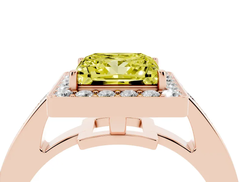 Fancy Yellow Princess Cut Diamond Halo Pavé Engagement Ring Set in Rose gold with Bezel Setting