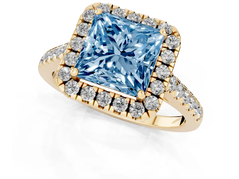 Princess Cut Halo Engagement Ring Setting for a Fancy Blue Lab-Grown Diamond | Pave Shoulders | Yellow Gold