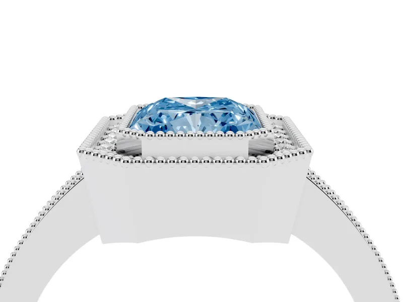 Fancy Blue Radiant Cut Diamond Halo Engagement Ring Set in Silver with Pavé Band and Round Halo Stones