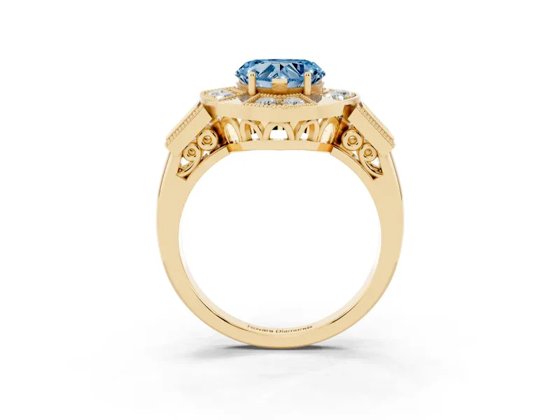 Fancy Blue Heart Cut Diamond Milgrain Halo Ring Set in Yellow gold with Split Shank