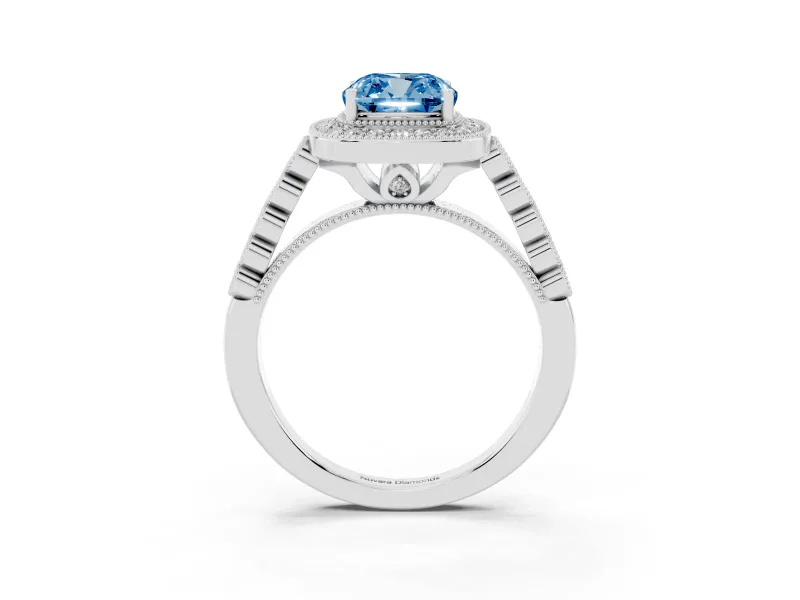 Cushion Cut Graduated Milgrain Halo Engagement Ring Setting for a Fancy Blue Lab-Grown Diamond | White Gold