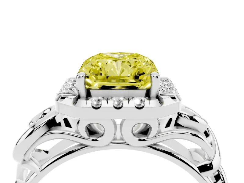 Fancy Yellow Radiant Cut Diamond Halo Ring Set in Platinum with Scrollwork Band and Prong Setting