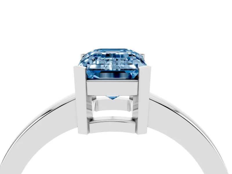 Fancy Blue Emerald Cut Diamond Solitaire Ring Set in Silver with Prong Head and Smooth Polished Band