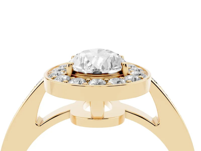 Pear Cut Diamond Halo Pavé Engagement Ring Set in Yellow gold with Bezel Setting