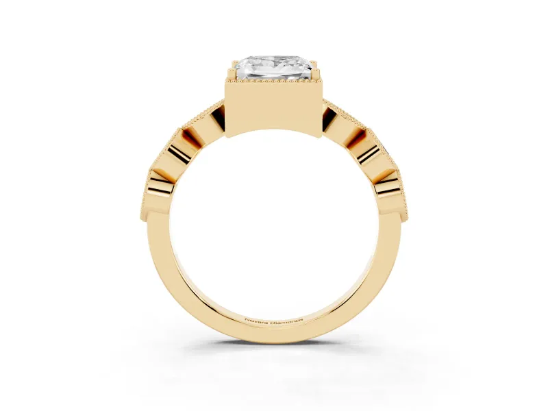 Princess Cut Diamond Vintage-Inspired Milgrain Ring Set in Yellow gold with Marquise Stations of Round Accents