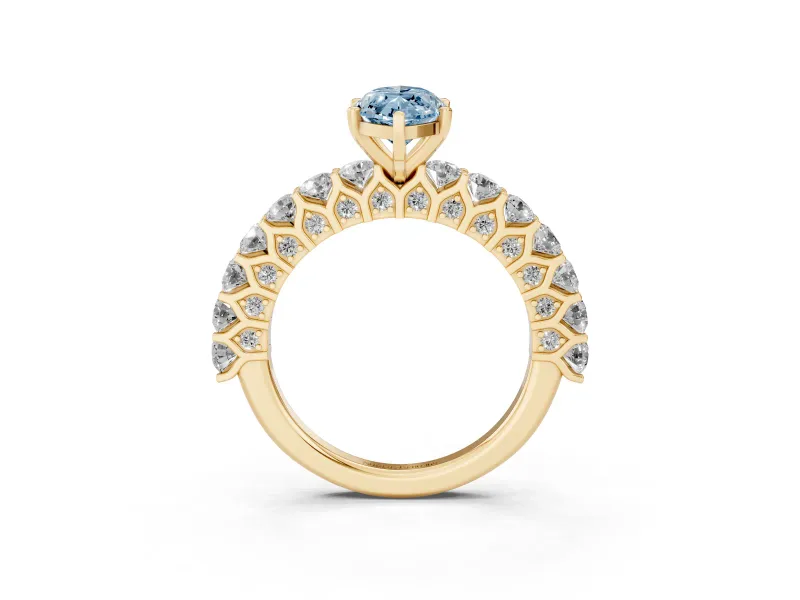 Fancy Blue Marquise Cut Diamond Solitaire Ring Set in Yellow gold with Shared Prong Pavé Band