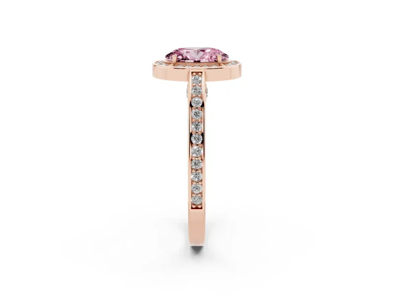 Fancy Pink Oval Cut Diamond Halo Pavé Split Shank Ring Set in Rose gold with Prong Setting