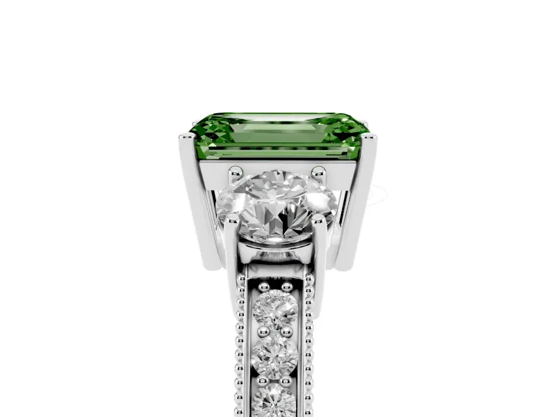 Fancy Green Emerald Cut Diamond Three-Stone Ring Set in Platinum with Round Side Stones and Pavé Band
