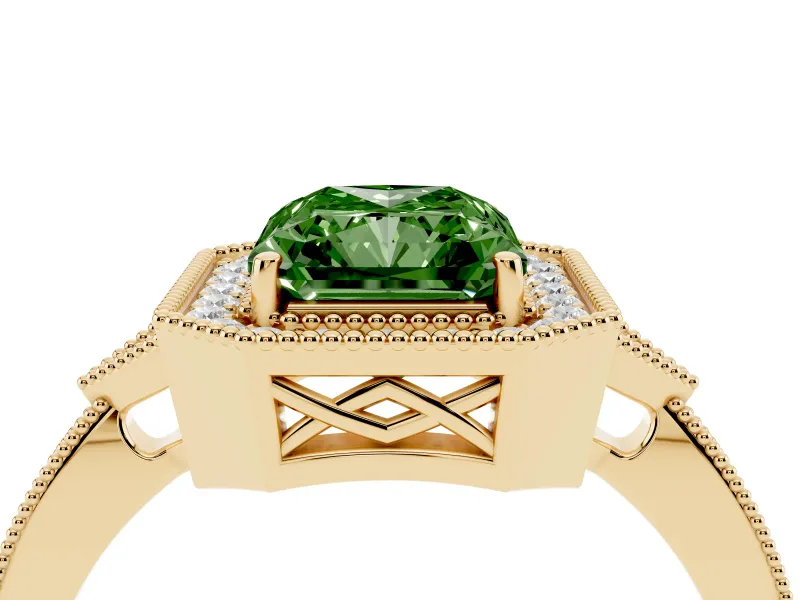 Fancy Green Radiant Cut Diamond Halo Engagement Ring Set in Yellow gold with Milgrain Pavé Band