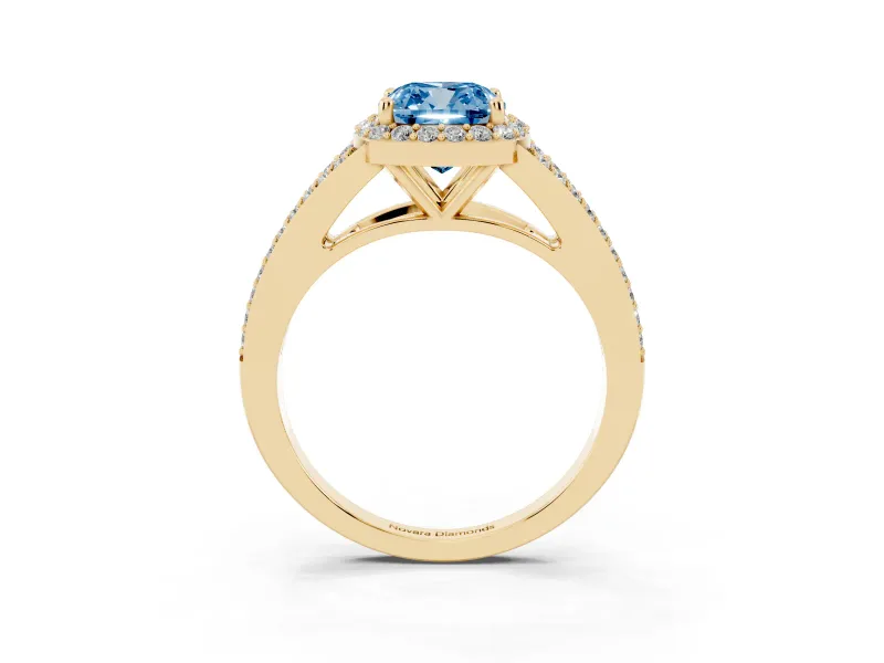 Cushion Cut Halo Engagement Ring Setting for a Fancy Blue Lab-Grown Diamond | V-Split Pavé Band | Yellow Gold