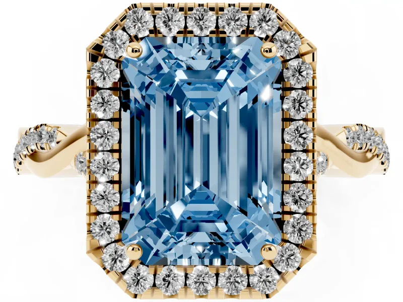 Emerald Cut Twist Halo Engagement Ring Setting for a Fancy Blue Lab-Grown Diamond | Yellow Gold