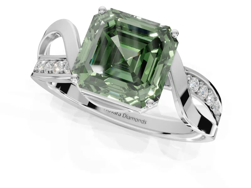 Asscher Cut Bypass Solitaire Engagement Ring Setting for a Fancy Green Lab-Grown Diamond | Pavé Strands | Platinum