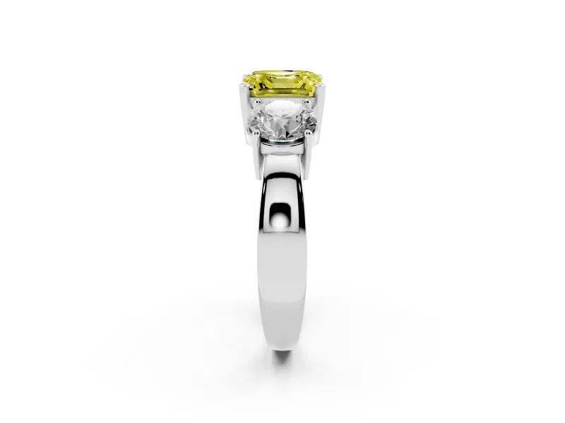 Asscher Cut Three Stone Engagement Ring Setting for a Fancy Yellow Lab-Grown Diamond | Wide Plain Band | Platinum
