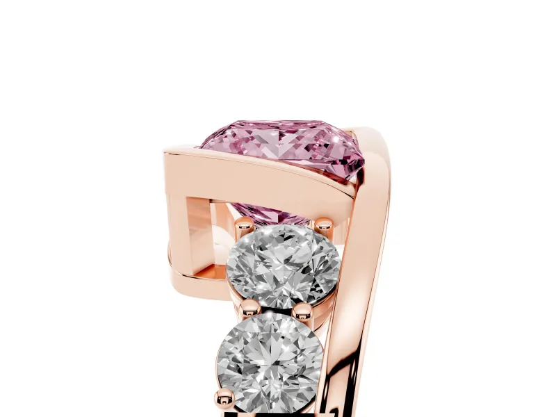 Fancy Pink Princess Cut Diamond Bezel Bypass Ring Set in Rose gold with Round Accents