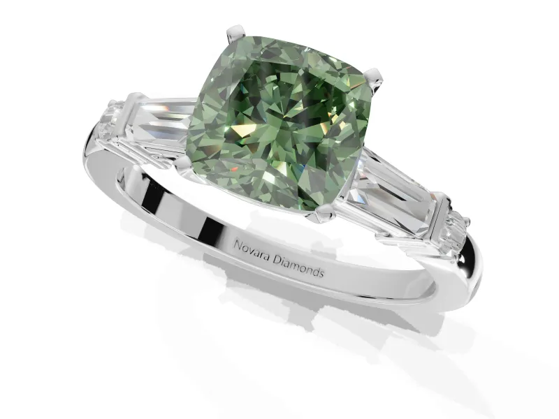 Cushion Cut Tapered Baguette Engagement Ring Setting for a Fancy Green Lab-Grown Diamond | Platinum