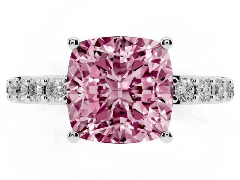 Fancy Pink Cushion Cut Diamond Solitaire Set in Silver with Round Pavé Band and Prong Setting