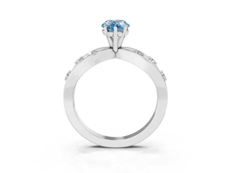 Fancy Blue Pear Cut Diamond Solitaire Ring Set in White gold with Side Stones on Criss-Cross Band and Prong Setting