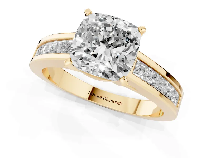 Cushion Cut Diamond Solitaire Ring Set in Yellow gold with Channel-Set Band and Prong Setting