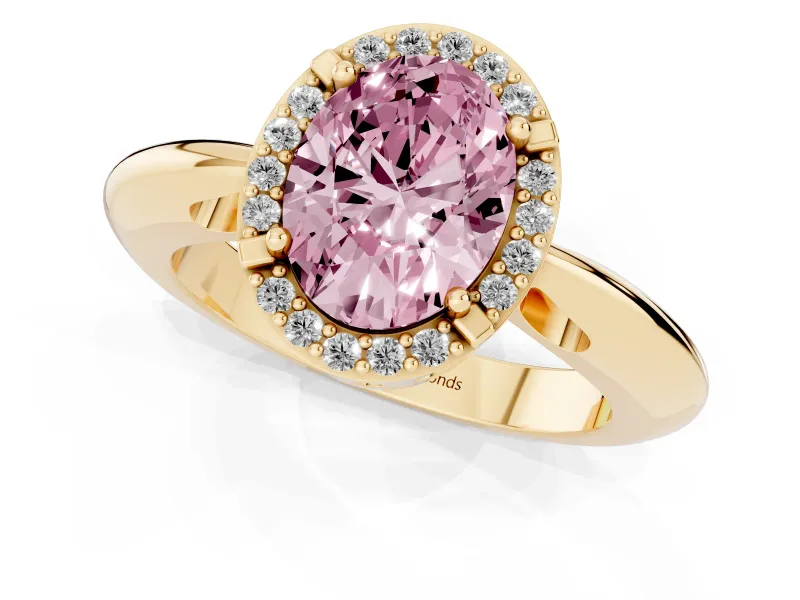 Fancy Pink Oval Cut Diamond Halo Engagement Ring Set in Yellow gold with Plain Split Shank and Prong Setting