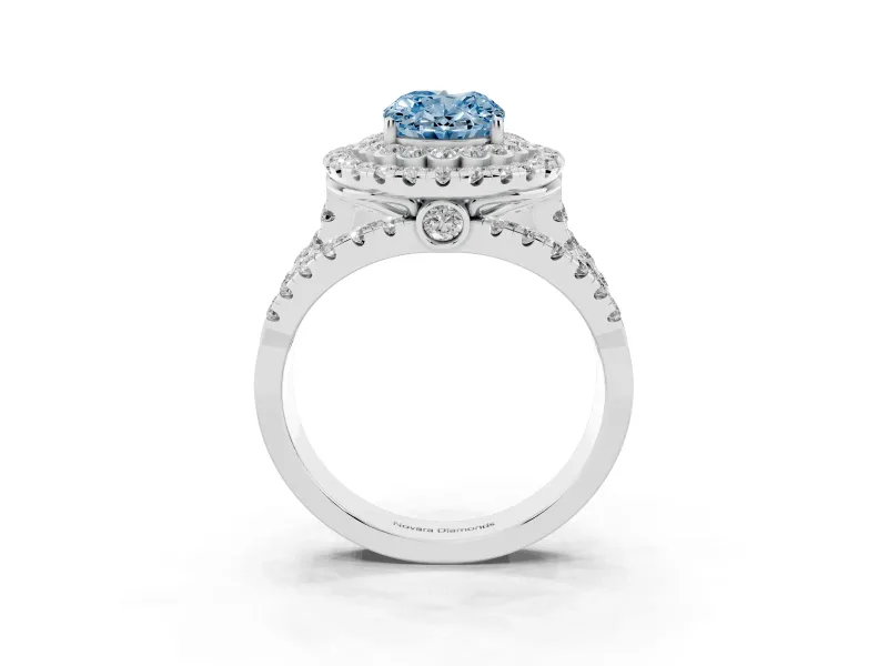 Oval Double Halo Split Shank Engagement Ring Setting for a Fancy Blue Lab-Grown Diamond | Pave Strands | Platinum