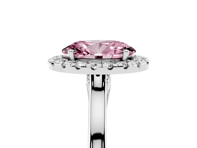 Fancy Pink Oval Cut Halo Round Diamond Solitaire Ring Set in Platinum with Pavé Band and Prong Setting