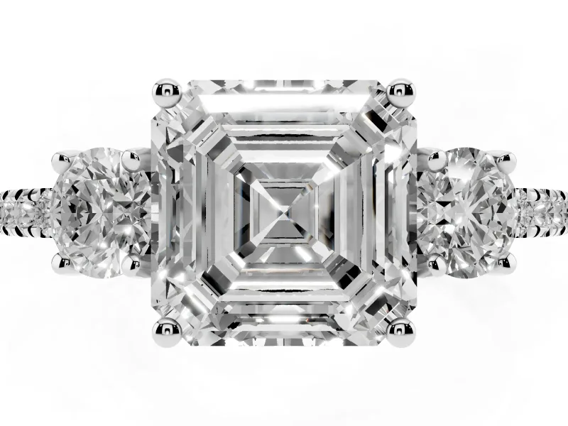 Asscher Cut Three Stone Engagement Ring Setting | Pave Shoulders | Platinum