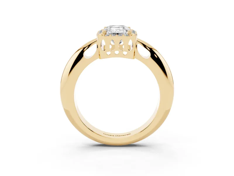 Emerald Cut Halo Engagement Ring Setting | Plain Tapered Band | Yellow Gold