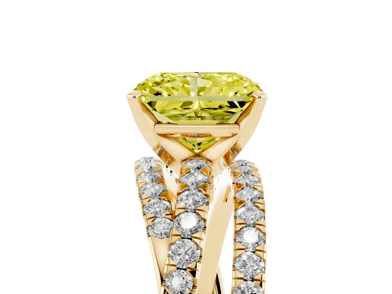 Radiant Cut Twisted Pavé Engagement Ring Setting for a Fancy Yellow Lab-Grown Diamond | Yellow Gold