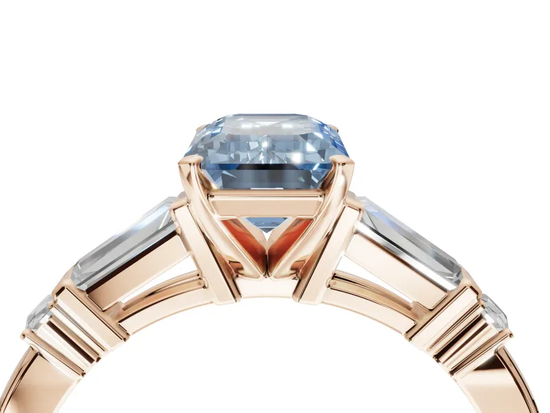 Emerald Cut Tapered Baguette Engagement Ring Setting for a Fancy Blue Lab-Grown Diamond | Rose Gold