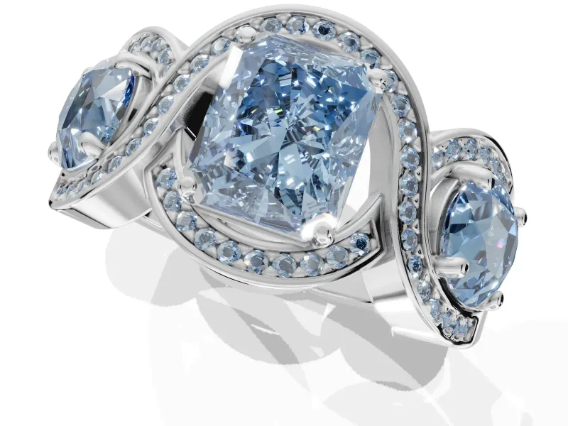 Radiant Cut Three Stone Halo Engagement Ring Setting for a Fancy Blue Lab-Grown Diamond | Pavé Wave Band | White Gold
