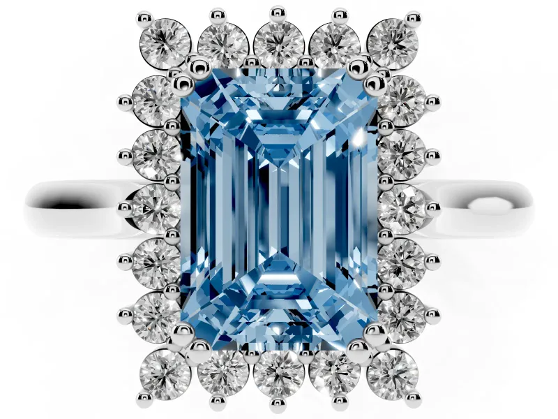 Fancy Blue Emerald Cut Diamond Halo Ring Set in White gold with Plain Solitaire Band and Prong Setting