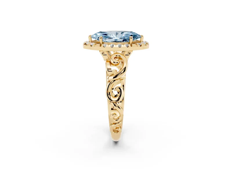 Fancy Blue Marquise Cut Diamond Halo Ring Set in Yellow gold with Scrollwork Band and Prong Setting