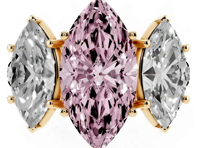 Marquise Three Stone Engagement Ring Setting for a Fancy Pink Lab-Grown Diamond | Accented Shoulders | Yellow Gold