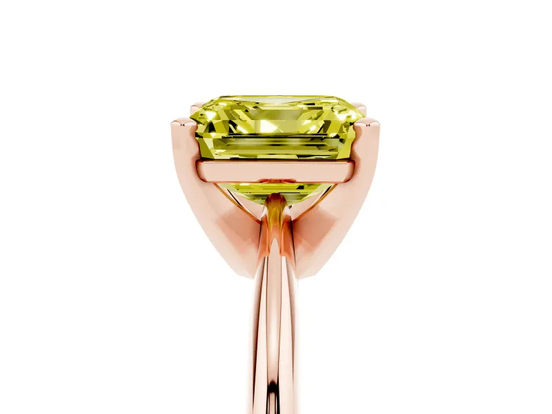 Fancy Yellow Asscher Cut Diamond Solitaire Ring Set in Rose gold with Prong Setting on a Plain Round Band