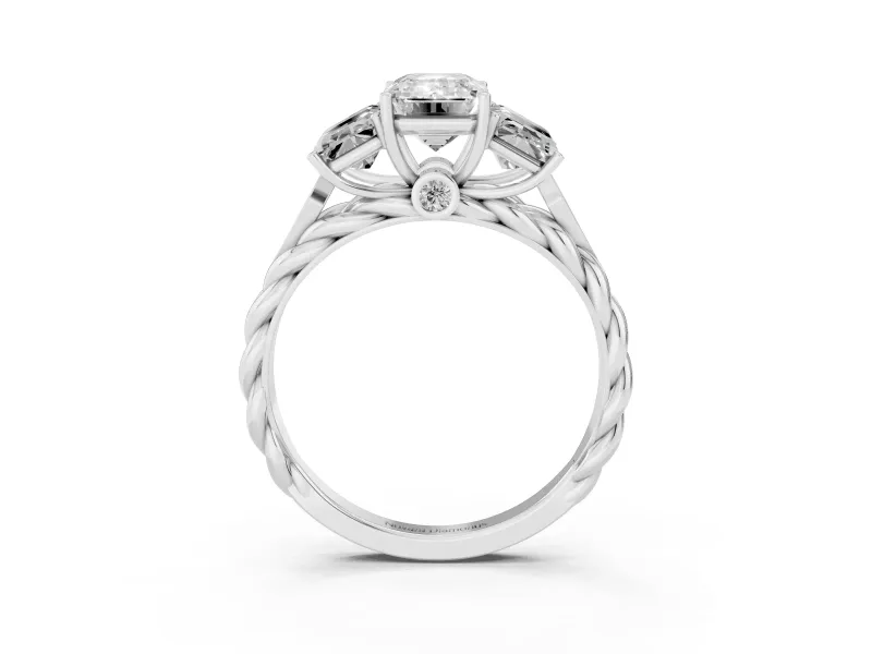Emerald Cut Diamond Three-Stone Ring Set in White gold with Braided Band