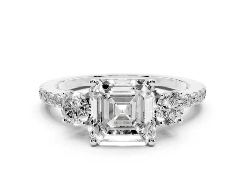 Asscher Cut Diamond Three-Stone Ring Set in Platinum with Pavé Band and Graduated Sides