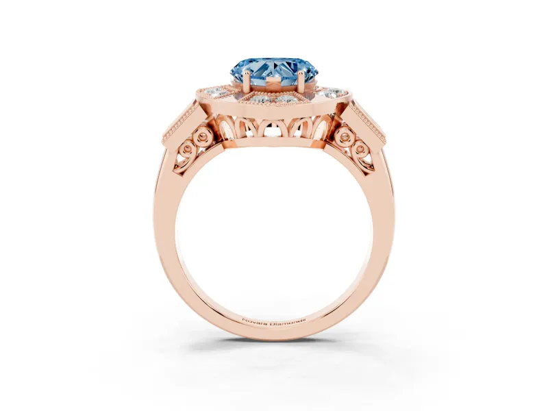 Fancy Blue Heart Cut Diamond Milgrain Halo Ring Set in Rose gold with Split Shank