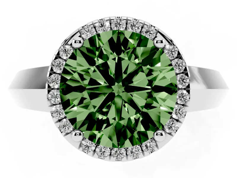 Fancy Green Round Cut Diamond Halo Ring Set in Silver with Cathedral Band and Prong Setting