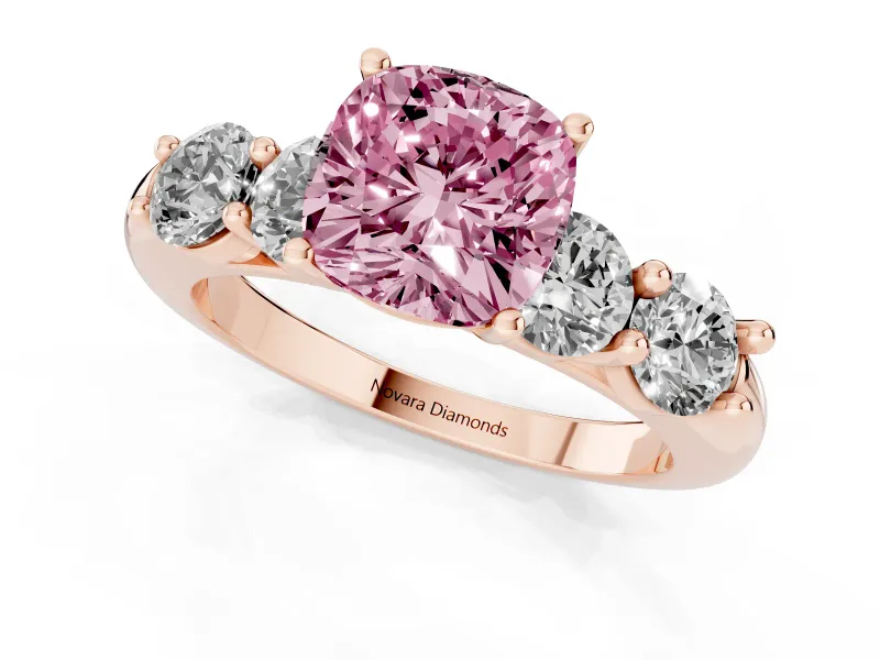 Cushion Cut Five Stone Engagement Ring Setting for a Fancy Pink Lab-Grown Diamond | Prong Set Side Stones | Rose Gold