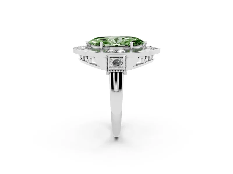 Fancy Green Marquise Cut Diamond Milgrain Halo Ring Set in Silver with Split Shank