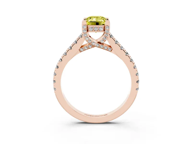 Emerald Cut Hidden Halo Pave Engagement Ring Setting for a Fancy Yellow Lab-Grown Diamond | Claw Prongs | Rose Gold