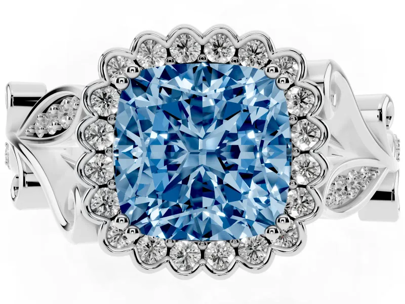 Cushion Cut Leaf Halo Engagement Ring Setting for a Fancy Blue Lab-Grown Diamond | Platinum