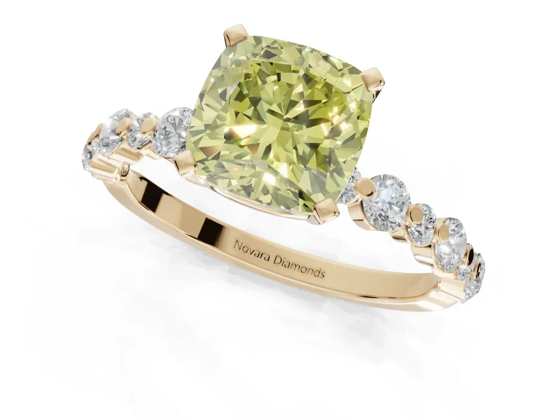 Cushion Cut Pavé Engagement Ring Setting for a Fancy Yellow Lab-Grown Diamond | Alternating Accents | Yellow Gold