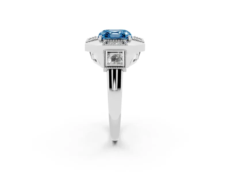 Fancy Blue Asscher Cut Diamond Milgrain Halo Ring Set in White gold with Split Shank